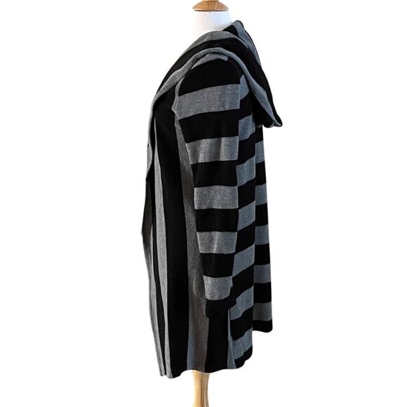 Ya Los Angeles Cotton Blend Black Gray Stripe Long Open Cardigan Sweater Hood L - Picture 4 of 10